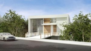 Casa com arquitetura contemporânea no Condomínio São Pedro no Guarujá. Fachada frontal com pé-direito duplo, composta por vidro e madeira.